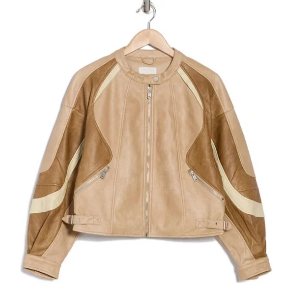 Avec Les Filles Faux Leather Racing Moto Bomber Colorblock Jacket NEW size Large - Picture 4 of 14